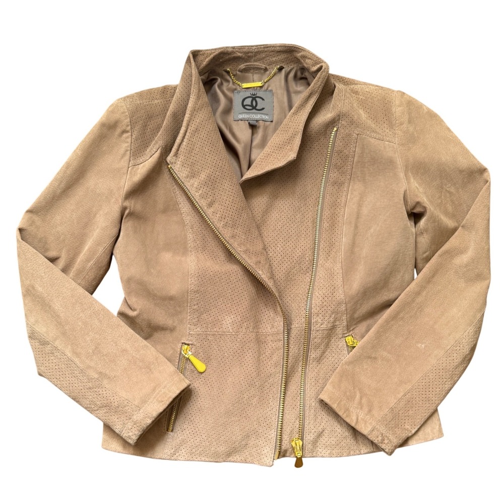 Queen Collection Taupe Suede Moto Jacket Perforated Gold Zip S View 4